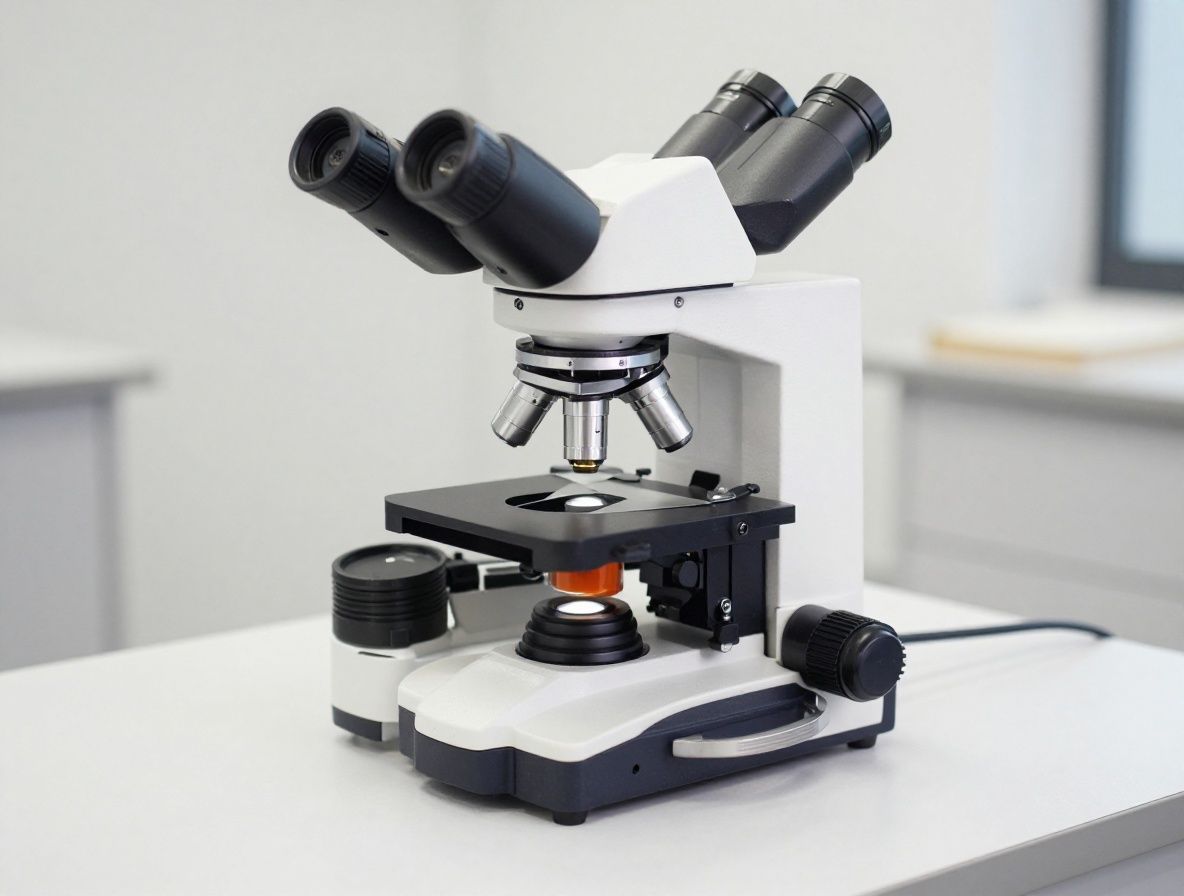 Microscope optique moderne posé sur une paillasse de laboratoire propre avec des flacons en verre transparent contenant des solutions colorées et des cahiers de notes scientifiques ouverts