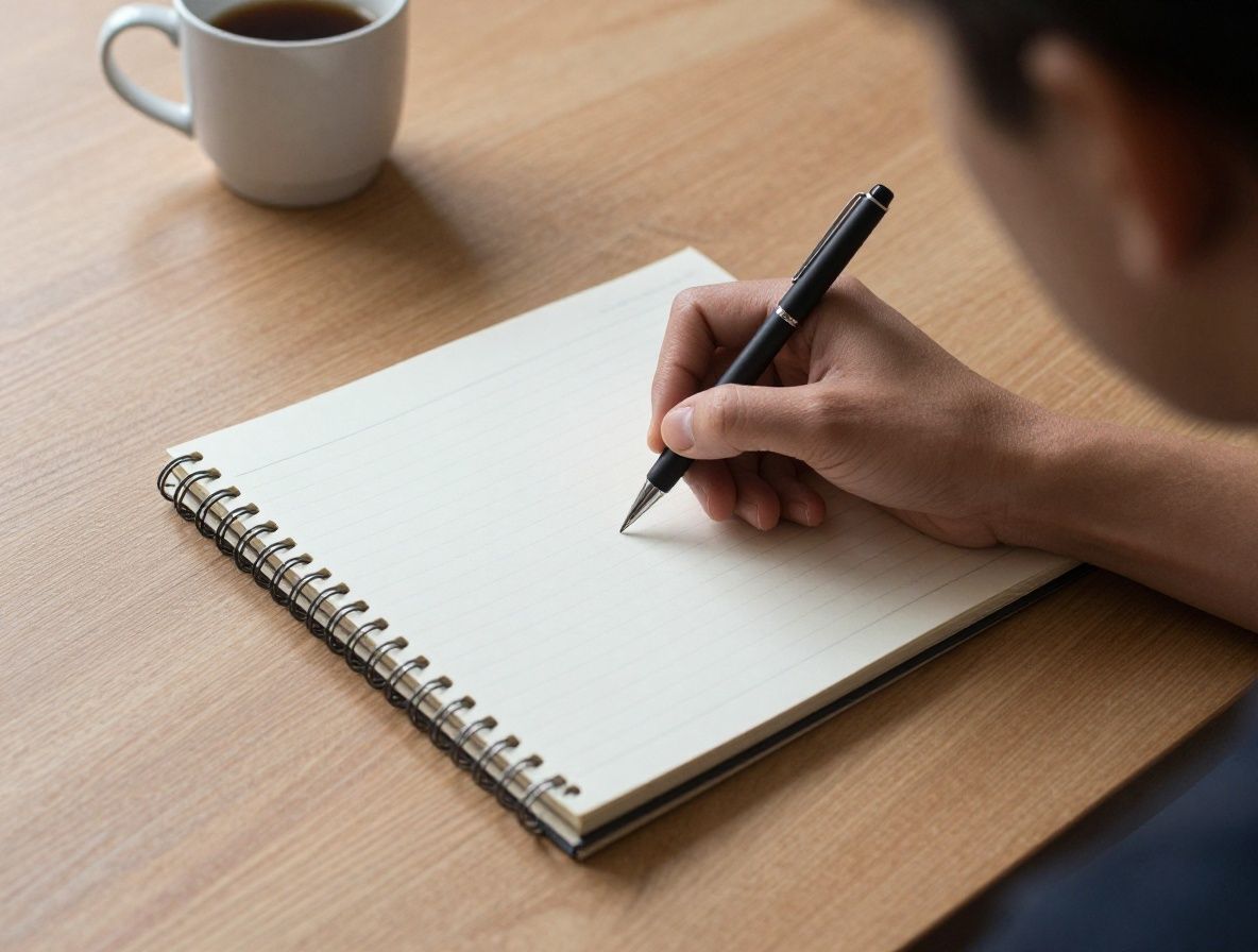 Table de travail en bois clair avec un cahier ouvert, un stylo plume, des feuilles de notes manuscrites et une tasse de thé fumante, dans une ambiance de bureau studieux et lumineux