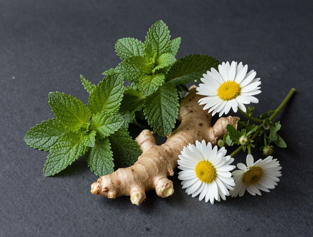 Herbes médicinales fraîches — feuilles de menthe, racine de gingembre et fleurs de camomille disposées sur un fond en ardoise sombre avec un éclairage studio doux