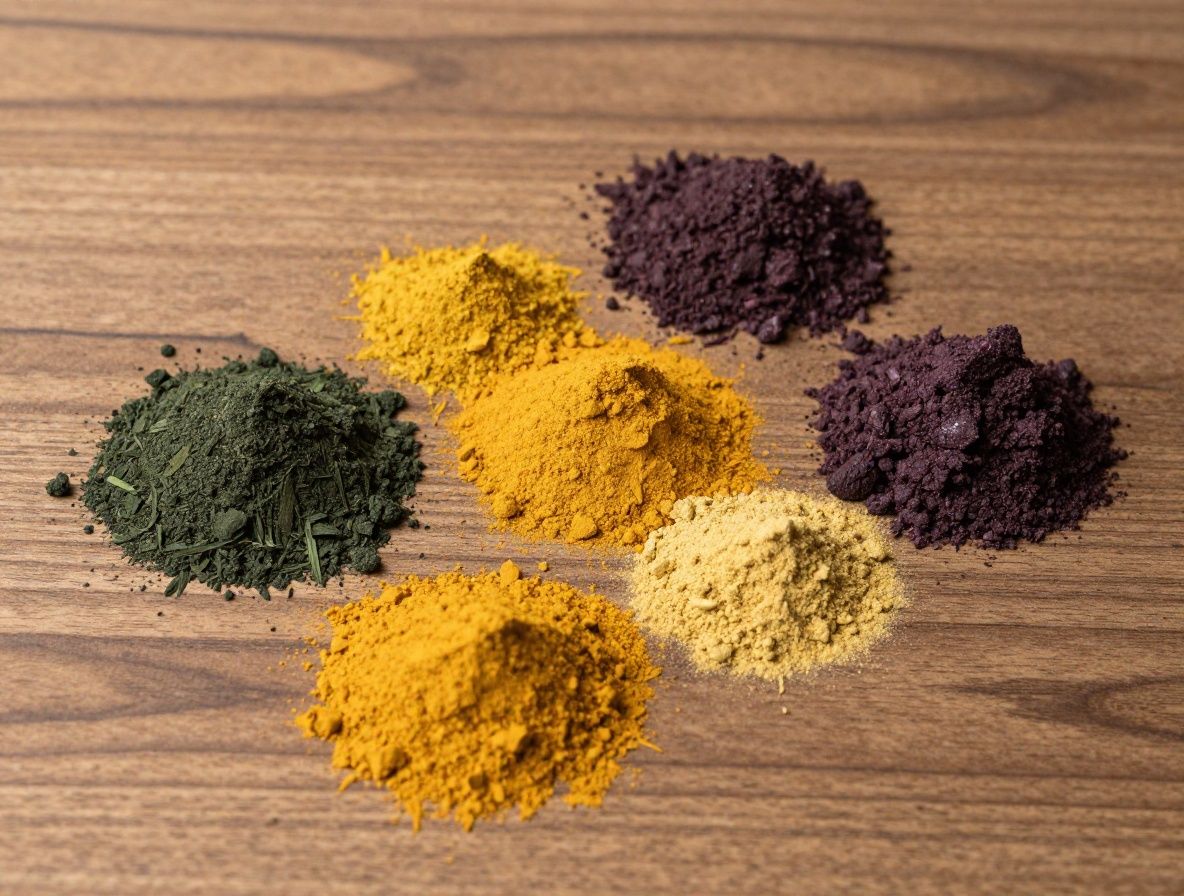 Bols en bois contenant différentes poudres de superaliments — spiruline verte, curcuma jaune et açaï violet disposés en rang sur une surface en chêne naturel avec une lumière naturelle douce