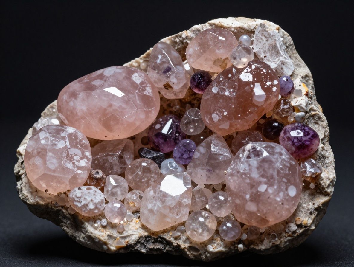 Cristaux de minéraux naturels — quartz rose, améthyste et pierres polies disposées sur fond gris ardoise avec un éclairage cinématographique latéral